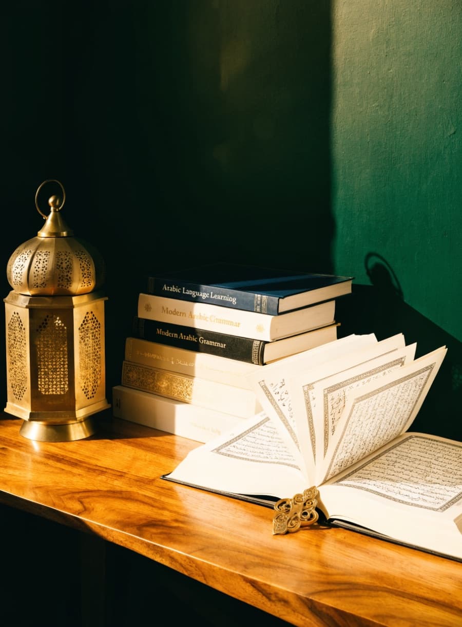 Livres d'apprentissage et lanterne de cuivre